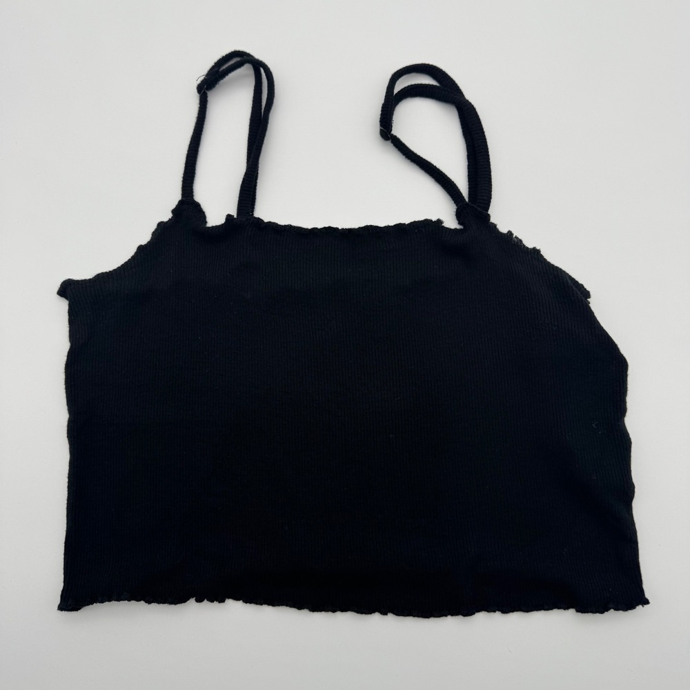 Garage Womens Black Ribbed Lettuce Edge Crop Cami Tank Top Small‎